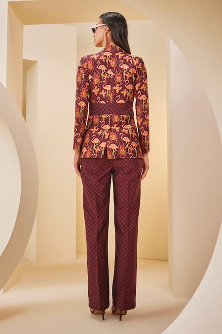 Shop_The Royaleum_Brown Twill, Satin Leaf Neck Flamingo Checkered Jacket Pant Set _at_Aza_Fashions