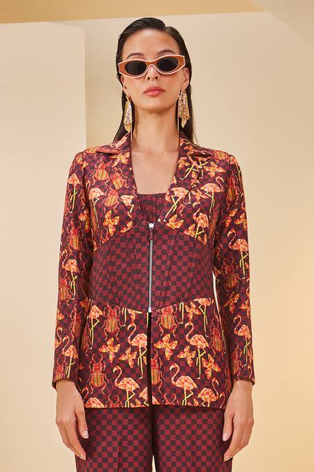 The Royaleum_Brown Twill, Satin Leaf Neck Flamingo Checkered Jacket Pant Set _Online_at_Aza_Fashions