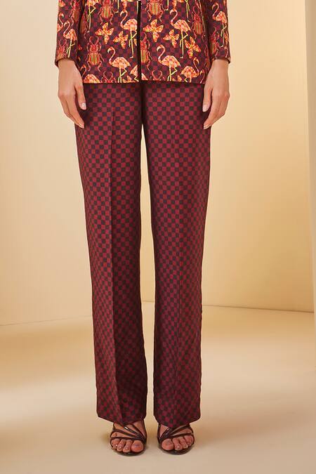 Buy_The Royaleum_Brown Twill, Satin Leaf Neck Flamingo Checkered Jacket Pant Set _Online_at_Aza_Fashions