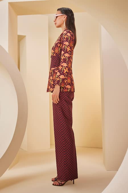 Shop_The Royaleum_Brown Twill, Satin Leaf Neck Flamingo Checkered Jacket Pant Set _Online_at_Aza_Fashions