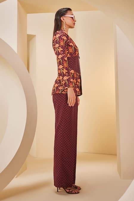 The Royaleum_Brown Twill, Satin Leaf Neck Flamingo Checkered Jacket Pant Set _at_Aza_Fashions