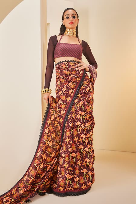 The Royaleum Flamingo Print Saree Set 