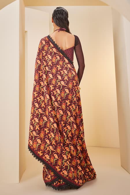 The Royaleum Brown Flamingo Print Saree Set 