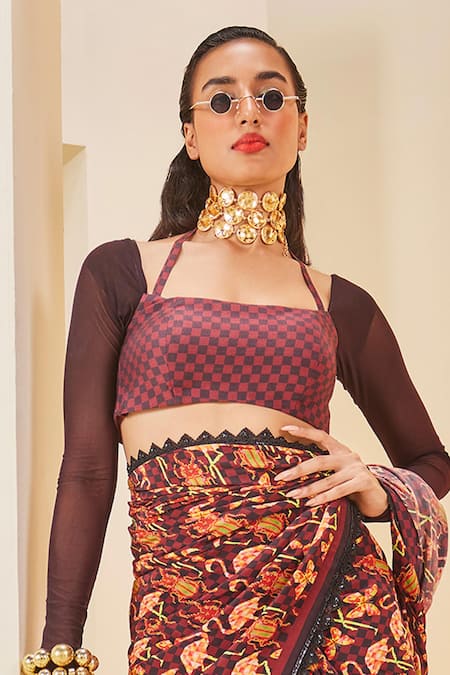 The Royaleum Brown Silk, Twill, Satin, Net Lace Square Neck Flamingo Print Saree Set Online at Aza Fashions The Royaleum_Brown Silk, Twill, Satin, Net Lace Square Neck Flamingo Print Saree Set _Online_at_Aza_Fashions