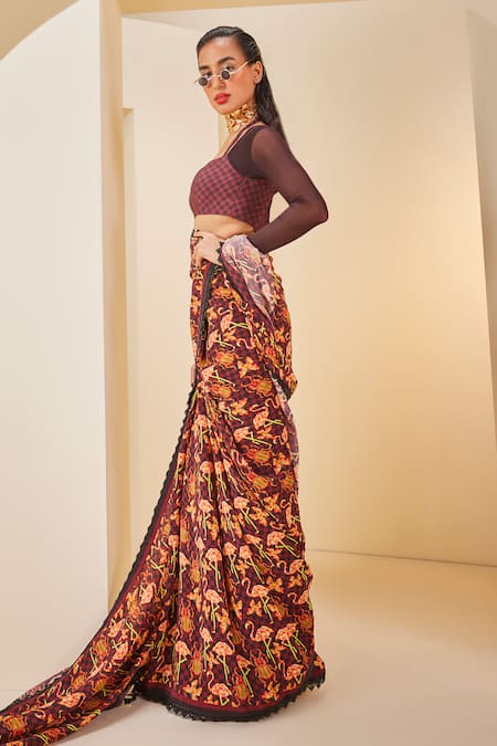Buy The Royaleum Brown Silk, Twill, Satin, Net Lace Square Neck Flamingo Print Saree Set Online at Aza Fashions Buy_The Royaleum_Brown Silk, Twill, Satin, Net Lace Square Neck Flamingo Print Saree Set _Online_at_Aza_Fashions