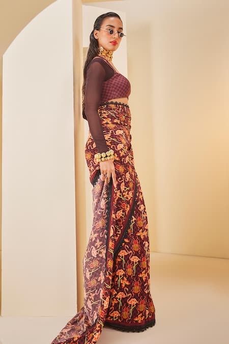 Shop The Royaleum Brown Silk, Twill, Satin, Net Lace Square Neck Flamingo Print Saree Set Online at Aza Fashions Shop_The Royaleum_Brown Silk, Twill, Satin, Net Lace Square Neck Flamingo Print Saree Set _Online_at_Aza_Fashions