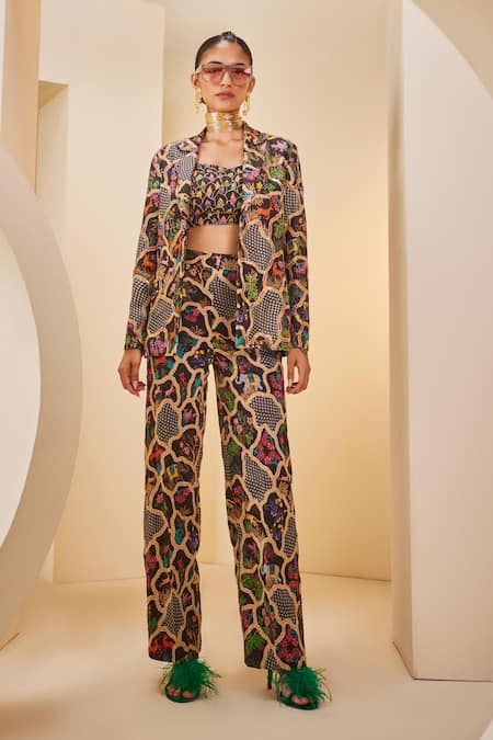 The Royaleum Floral Animal Print Blazer Pant Set 