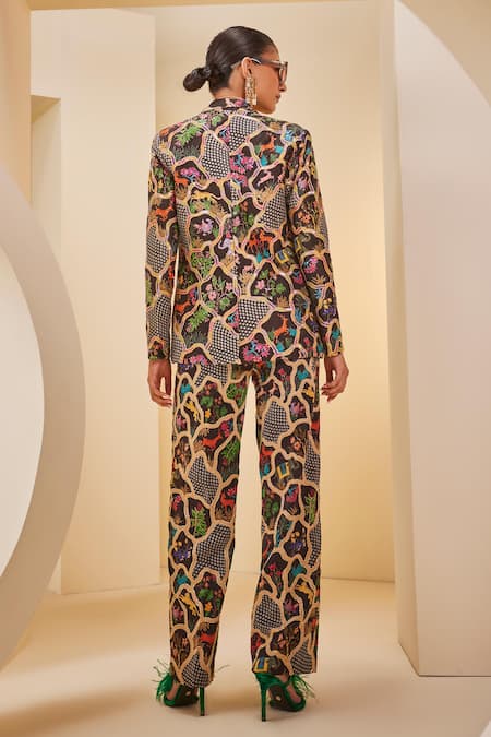 Shop_The Royaleum_Multi Color Silk Sequins, Beads, Embroidery Floral Animal Print Blazer Pant Set _at_Aza_Fashions
