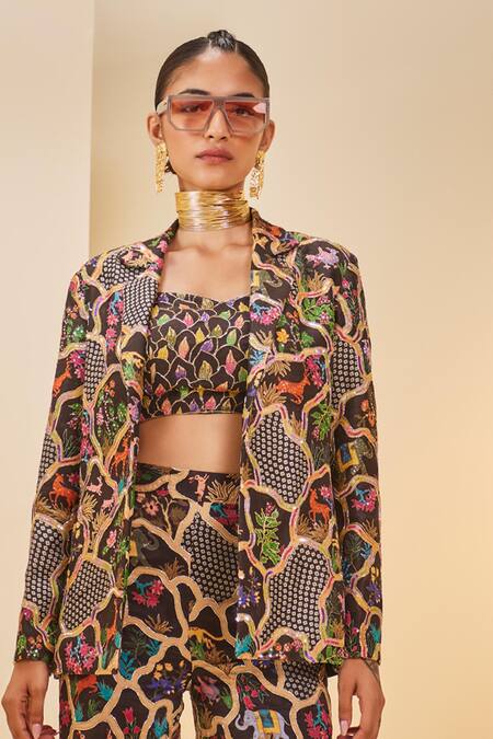 Buy_The Royaleum_Multi Color Silk Sequins, Beads, Embroidery Floral Animal Print Blazer Pant Set _Online_at_Aza_Fashions