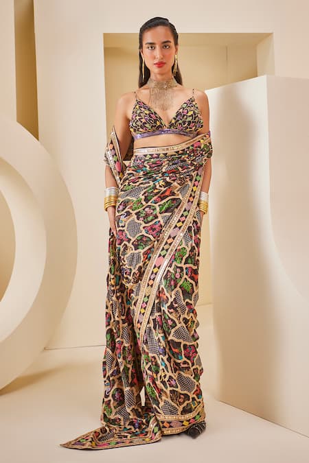 The Royaleum Multi Color Silk Printed Floral V-neck Animal Saree Set 