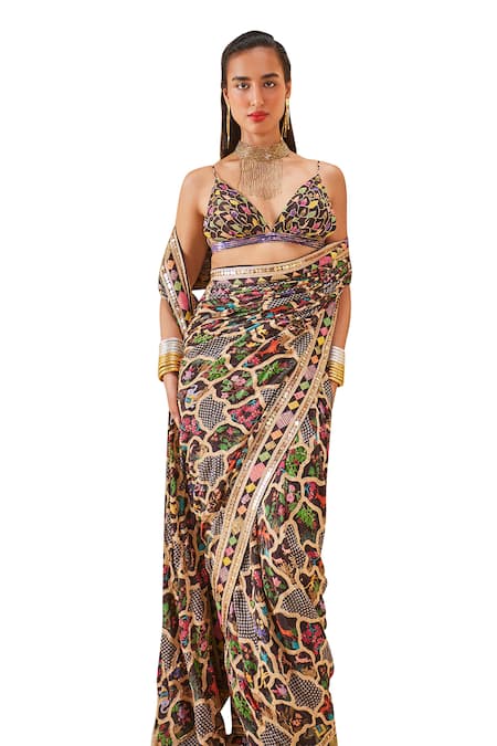 The Royaleum_Silk Sequins, Beads V-neck Floral Animal Print Saree Set _Online_at_Aza_Fashions