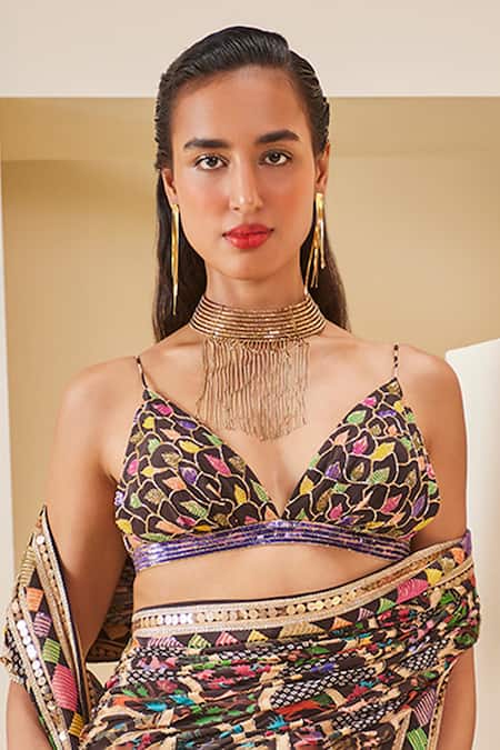 Buy_The Royaleum_Silk Sequins, Beads V-neck Floral Animal Print Saree Set _Online_at_Aza_Fashions