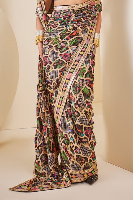 Shop_The Royaleum_Silk Sequins, Beads V-neck Floral Animal Print Saree Set _Online_at_Aza_Fashions