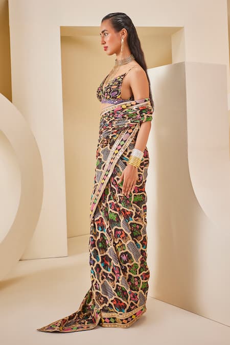 The Royaleum_Silk Sequins, Beads V-neck Floral Animal Print Saree Set _at_Aza_Fashions