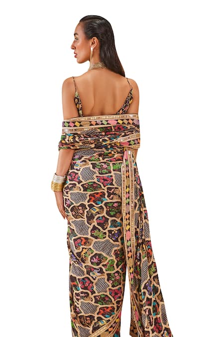 Shop_The Royaleum_Silk Sequins, Beads V-neck Floral Animal Print Saree Set 