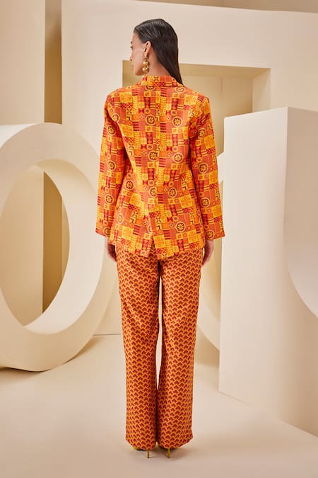 Shop_The Royaleum_Multi Color Satin, Twill Embroidery Bandeau Neck Geometric Print Corset Pant Set _at_Aza_Fashions