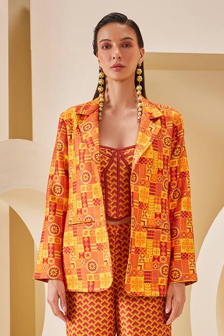 The Royaleum_Multi Color Satin, Twill Embroidery Bandeau Neck Geometric Print Corset Pant Set _Online_at_Aza_Fashions