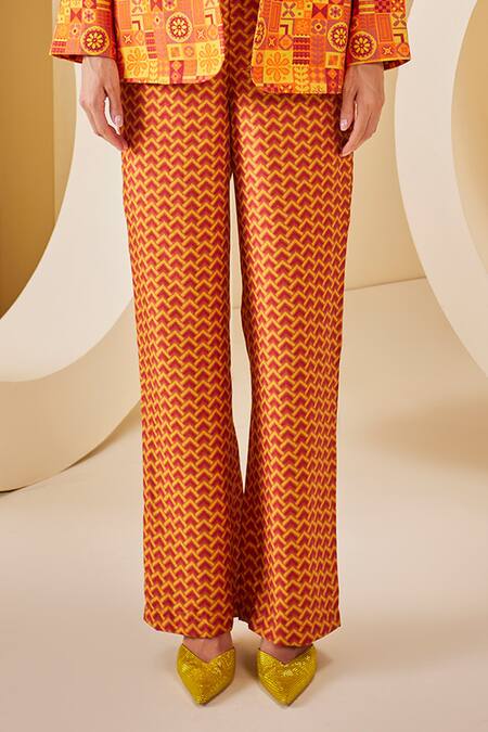 Shop_The Royaleum_Multi Color Satin, Twill Embroidery Bandeau Neck Geometric Print Corset Pant Set _Online_at_Aza_Fashions