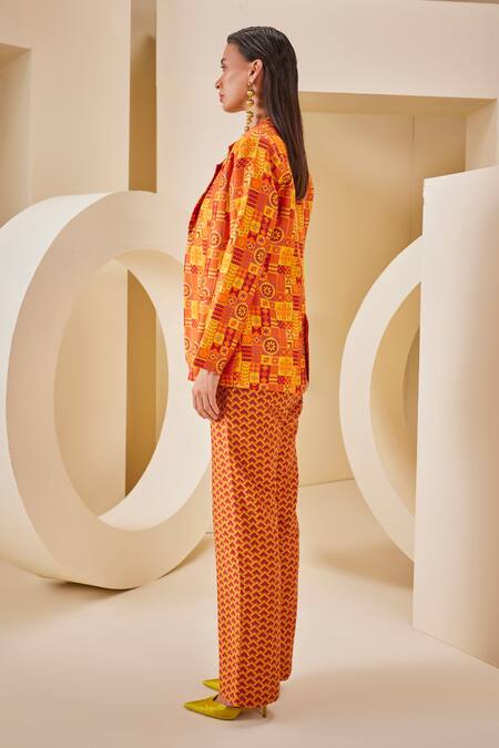 The Royaleum_Multi Color Satin, Twill Embroidery Bandeau Neck Geometric Print Corset Pant Set _at_Aza_Fashions