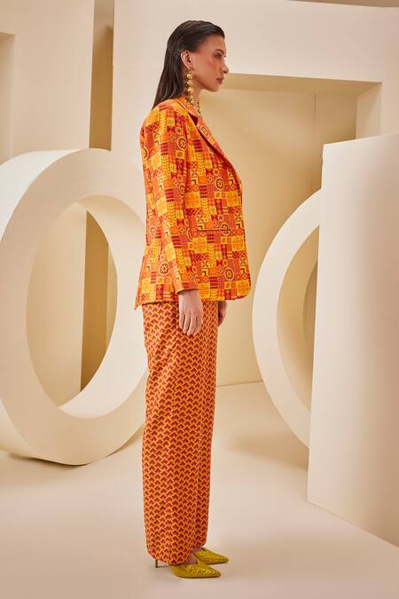 Buy_The Royaleum_Multi Color Satin, Twill Embroidery Bandeau Neck Geometric Print Corset Pant Set 