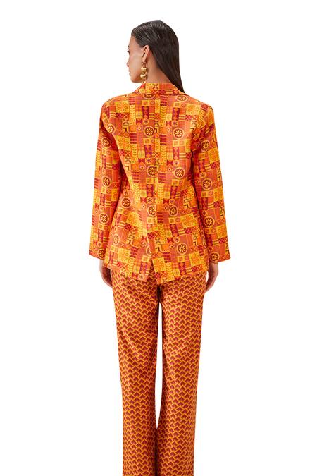 Shop_The Royaleum_Multi Color Satin, Twill Embroidery Bandeau Neck Geometric Print Corset Pant Set 