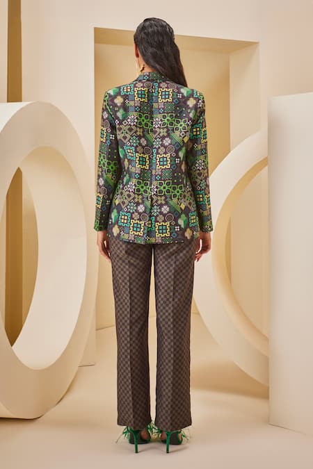 Shop_The Royaleum_Green Twill, Satin Bandeau Neck Checkered Print Corset Pant Set _at_Aza_Fashions