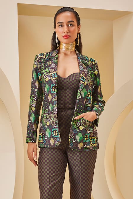 The Royaleum_Green Twill, Satin Bandeau Neck Checkered Print Corset Pant Set _Online_at_Aza_Fashions