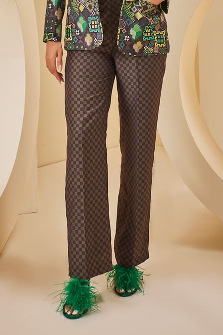 Buy_The Royaleum_Green Twill, Satin Bandeau Neck Checkered Print Corset Pant Set _Online_at_Aza_Fashions