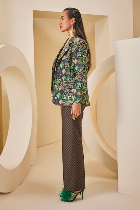 Shop_The Royaleum_Green Twill, Satin Bandeau Neck Checkered Print Corset Pant Set _Online_at_Aza_Fashions