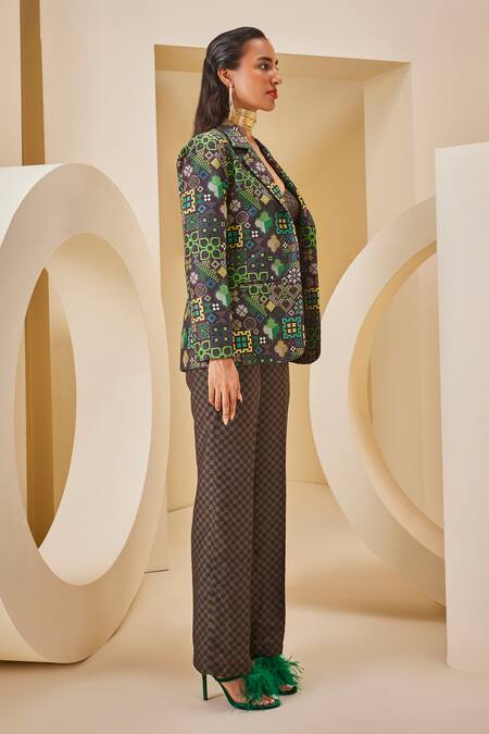 The Royaleum_Green Twill, Satin Bandeau Neck Checkered Print Corset Pant Set _at_Aza_Fashions