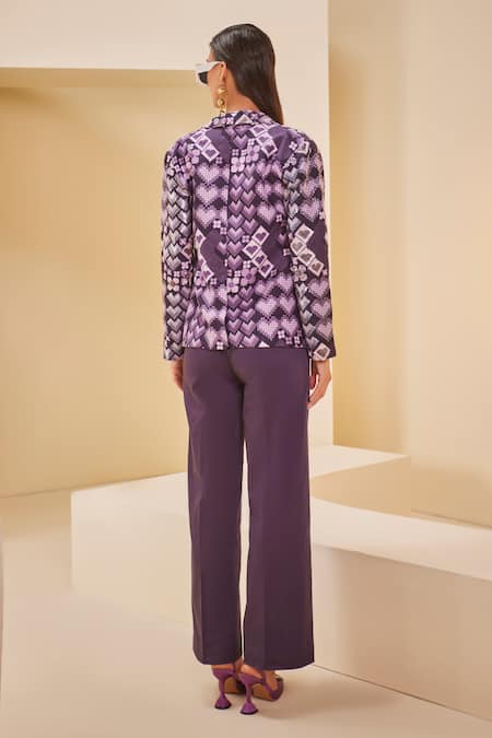 Shop_The Royaleum_Multi Color Twill, Satin Embroidery, Sequins, Geometric Heart Print Blazer Set _at_Aza_Fashions