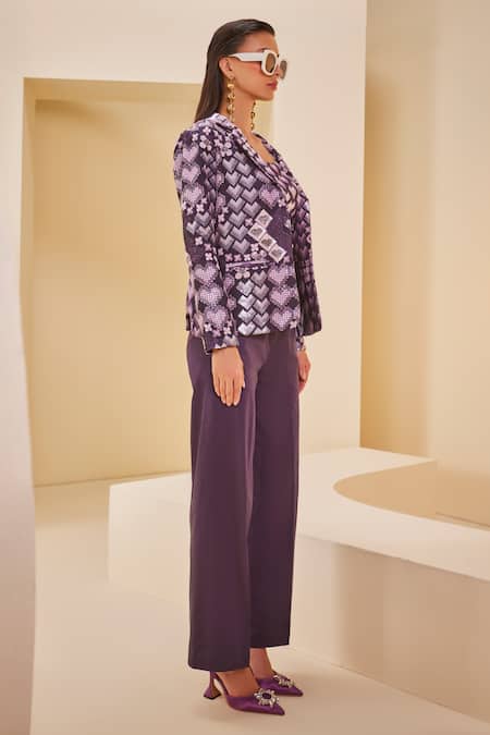 The Royaleum_Multi Color Twill, Satin Embroidery, Sequins, Geometric Heart Print Blazer Set _at_Aza_Fashions