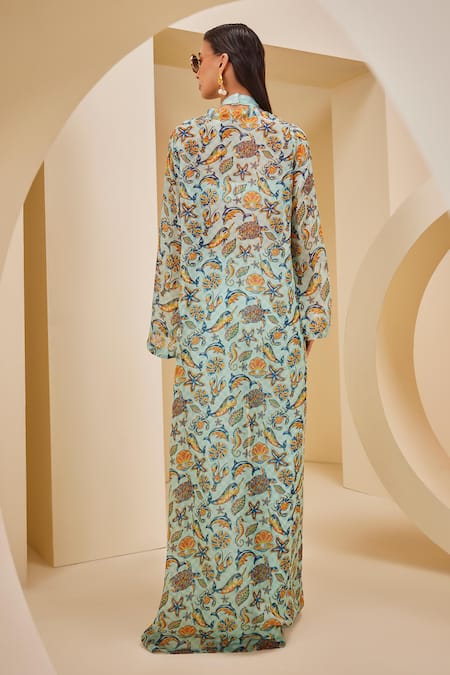 Shop_The Royaleum_Aqua Twill, Satin, Organza Halter Neck, Open Checkered Print Pant Set With Cape _at_Aza_Fashions