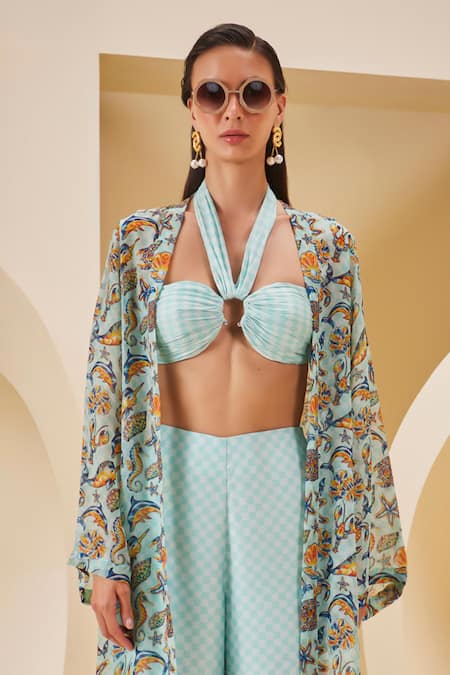 The Royaleum_Aqua Twill, Satin, Organza Halter Neck, Open Checkered Print Pant Set With Cape _Online_at_Aza_Fashions