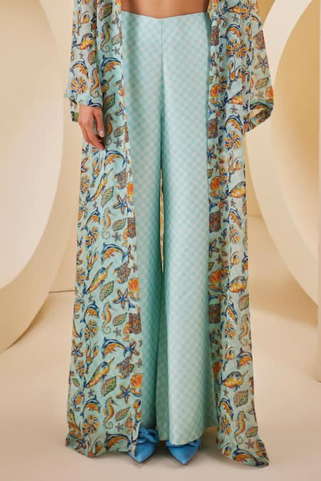 Buy_The Royaleum_Aqua Twill, Satin, Organza Halter Neck, Open Checkered Print Pant Set With Cape _Online_at_Aza_Fashions