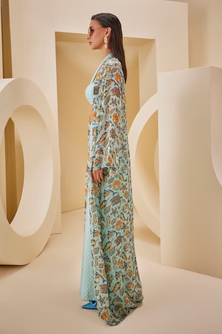 Shop_The Royaleum_Aqua Twill, Satin, Organza Halter Neck, Open Checkered Print Pant Set With Cape _Online_at_Aza_Fashions