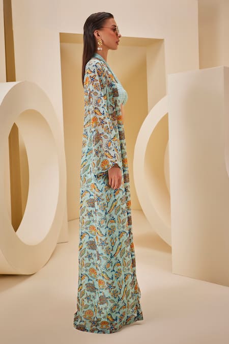 The Royaleum_Aqua Twill, Satin, Organza Halter Neck, Open Checkered Print Pant Set With Cape _at_Aza_Fashions