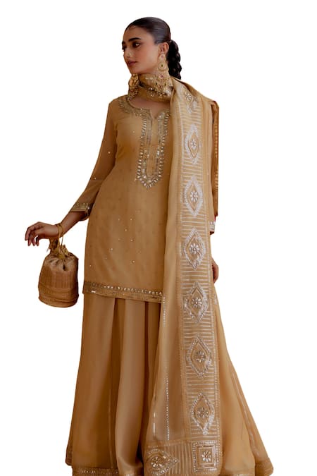 Shop Ranian Gold Georgette Embroidery, Gota Patti Round Neck Kurta Ghardar Lehenga Set Shop_Ranian_Gold Georgette Embroidery, Gota Patti Round Neck Kurta Ghardar Lehenga Set