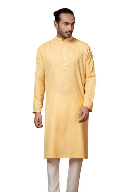 Priyanka Haralalka_Yellow Cotton, Silk Plain Kurta With Pyjama _at_Aza_Fashions