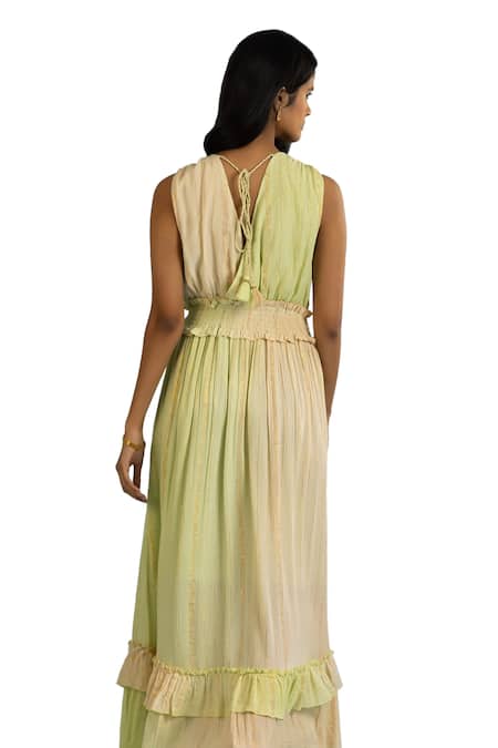 Buy_Label Reyya_Green Cotton, Rayon Mirrors, Beads, Sequins V-neck Applique Work Tiered Dress 