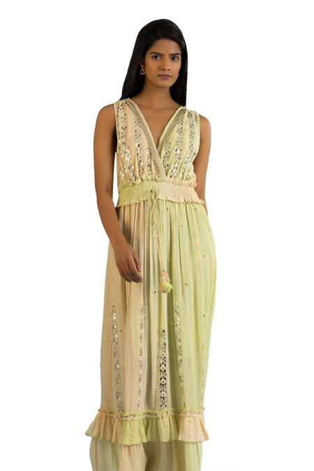 Shop_Label Reyya_Green Cotton, Rayon Mirrors, Beads, Sequins V-neck Applique Work Tiered Dress 