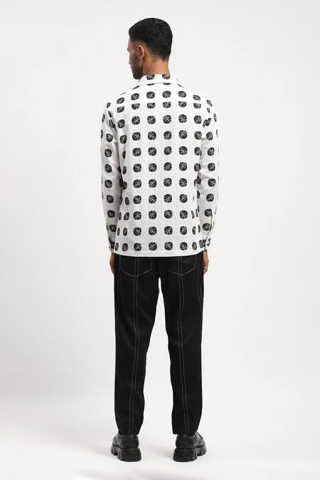 Shop Abraham And Thakore Ivory Cotton Textured Abstract Print Shirt at Aza Fashions Shop_Abraham And Thakore_Ivory Cotton Textured Abstract Print Shirt _at_Aza_Fashions