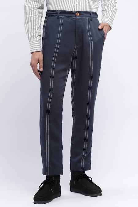 Abraham And Thakore_Blue Viscose Solid Straight Fit Pant _Online_at_Aza_Fashions