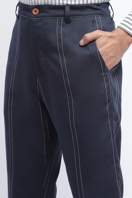 Abraham And Thakore_Blue Viscose Solid Straight Fit Pant _at_Aza_Fashions