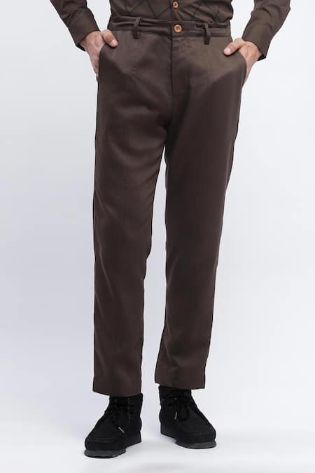 Abraham And Thakore_Brown Viscose Straight Fit Plain Pant _Online_at_Aza_Fashions