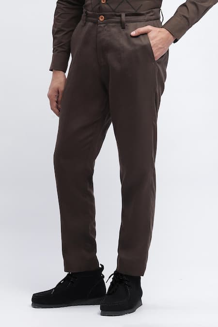 Buy_Abraham And Thakore_Brown Viscose Straight Fit Plain Pant _Online_at_Aza_Fashions