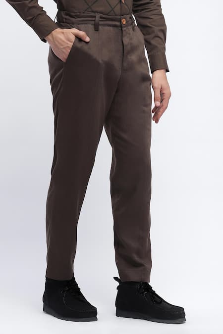 Shop_Abraham And Thakore_Brown Viscose Straight Fit Plain Pant _Online_at_Aza_Fashions