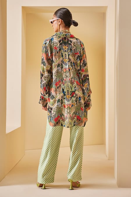 Shop_The Royaleum_Green Twill, Satin, Crepe Metallic Thread Checkered Print Bralette Pant Set _at_Aza_Fashions