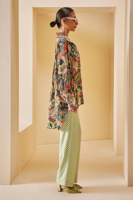 The Royaleum_Green Twill, Satin, Crepe Metallic Thread Checkered Print Bralette Pant Set _Online_at_Aza_Fashions