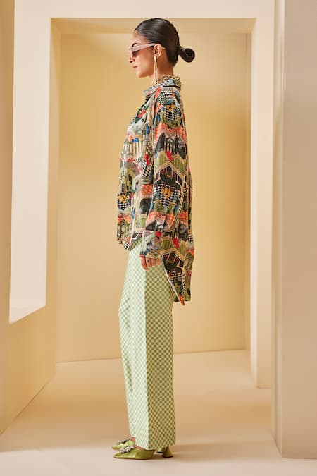 Buy_The Royaleum_Green Twill, Satin, Crepe Metallic Thread Checkered Print Bralette Pant Set _Online_at_Aza_Fashions